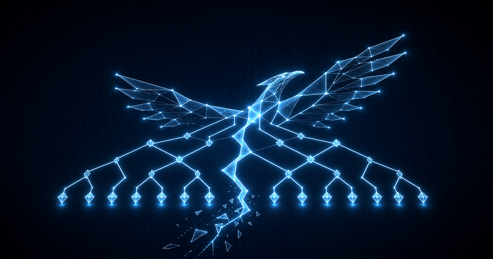 A cyan wireframe osprey above branching error-handling paths while one hidden exception path fractures below