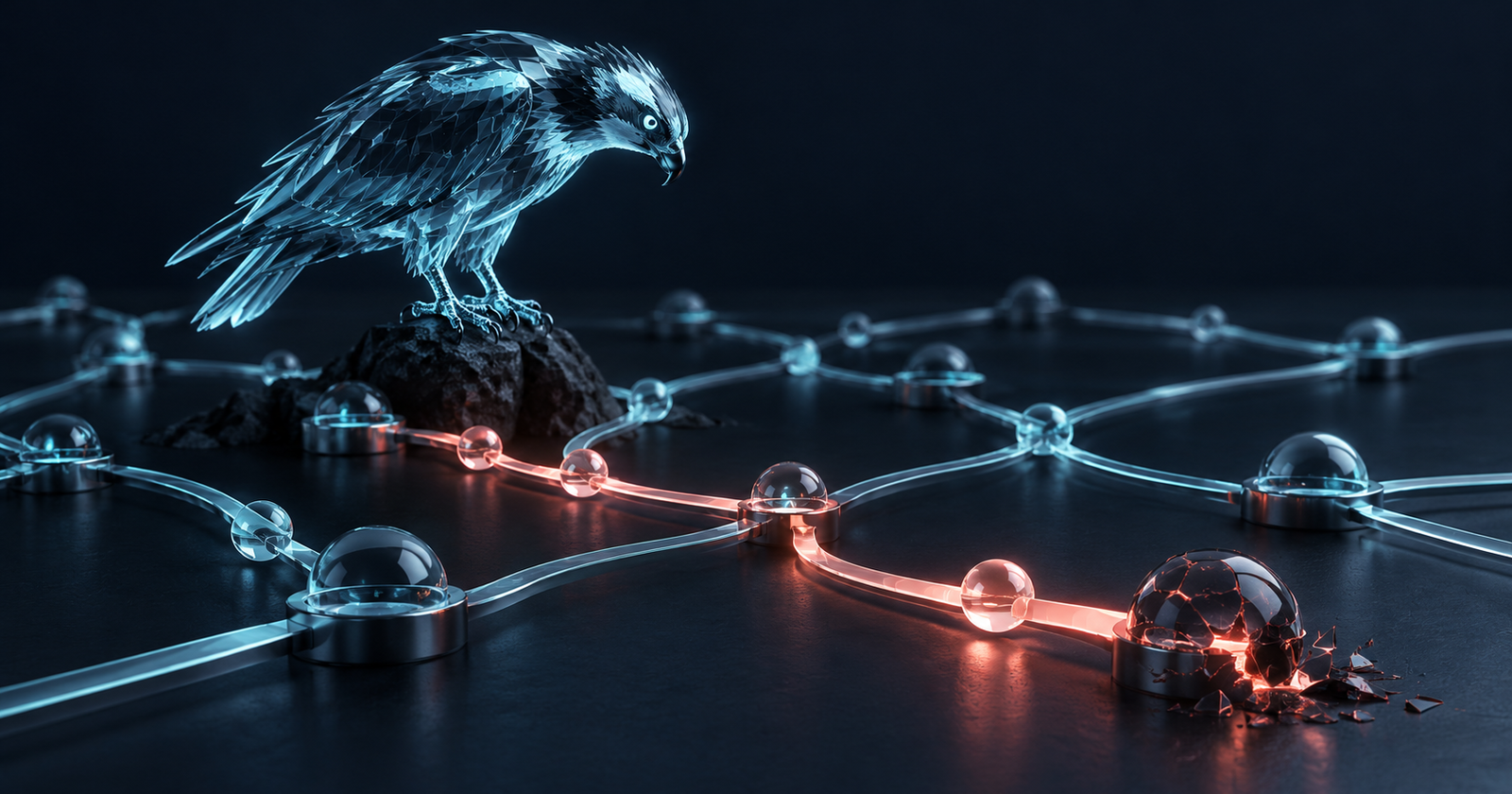 A cyan wireframe osprey above branching execution paths, with one failing path marked in coral