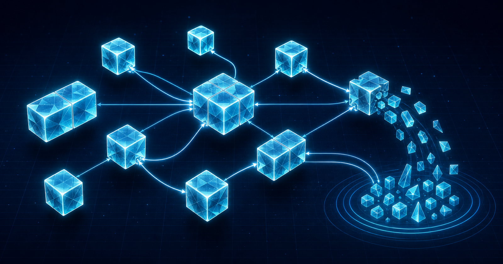 Perceus automatic reference counting shown as shared memory blocks, ownership links, and reclaimed blocks entering a reuse pool