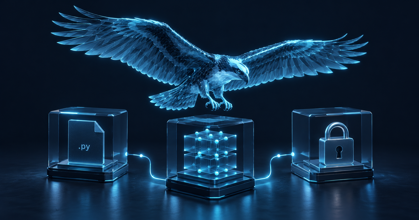 A cyan wireframe osprey above glass modules holding a .py source file, a tensor grid and a dependency lock