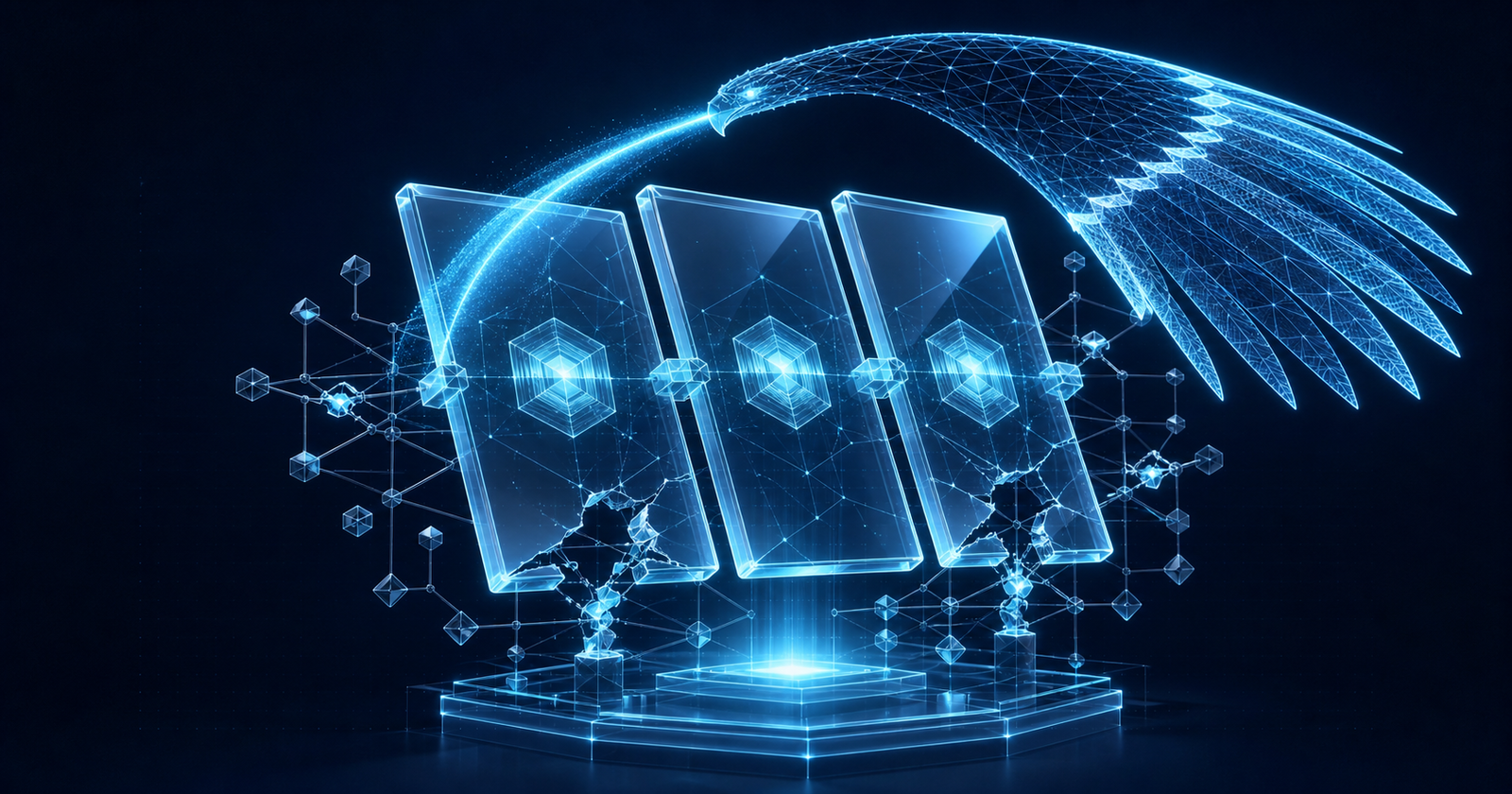 Three translucent release panels appear orderly while a cyan wireframe osprey scan reveals fractures in the dependency network behind them