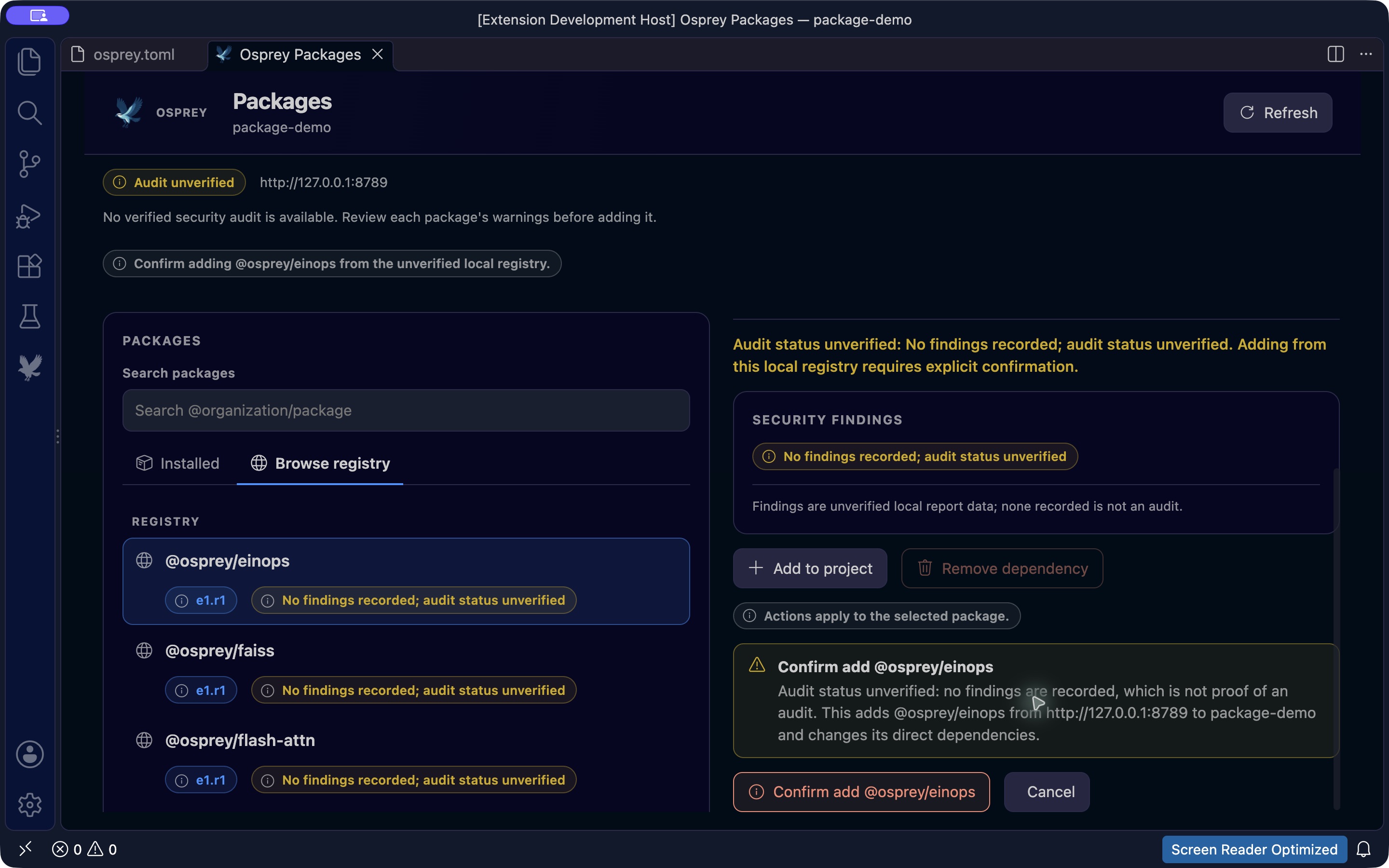 The actual add confirmation names the einops package, registry and project, and warns that no audit has been verified.