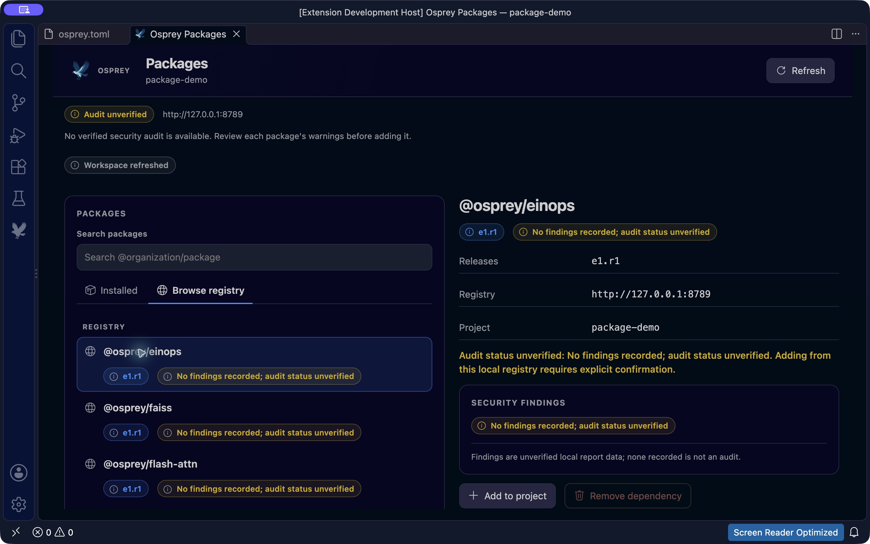 The Osprey package workspace in VS Code showing the registry list, selected einops release and its unverified audit warning.