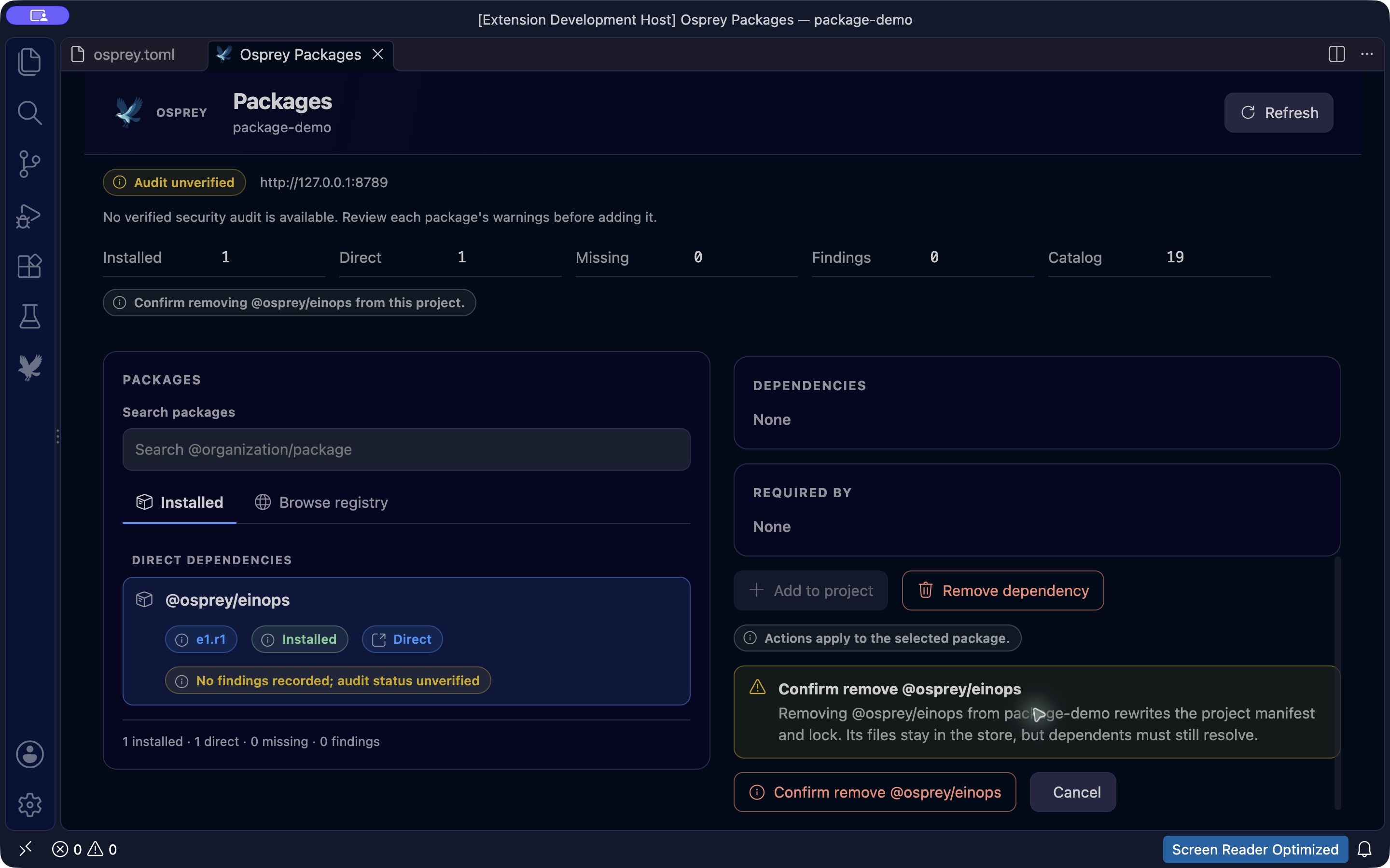 The Remove dependency confirmation names the package and project before changing the manifest and lock.