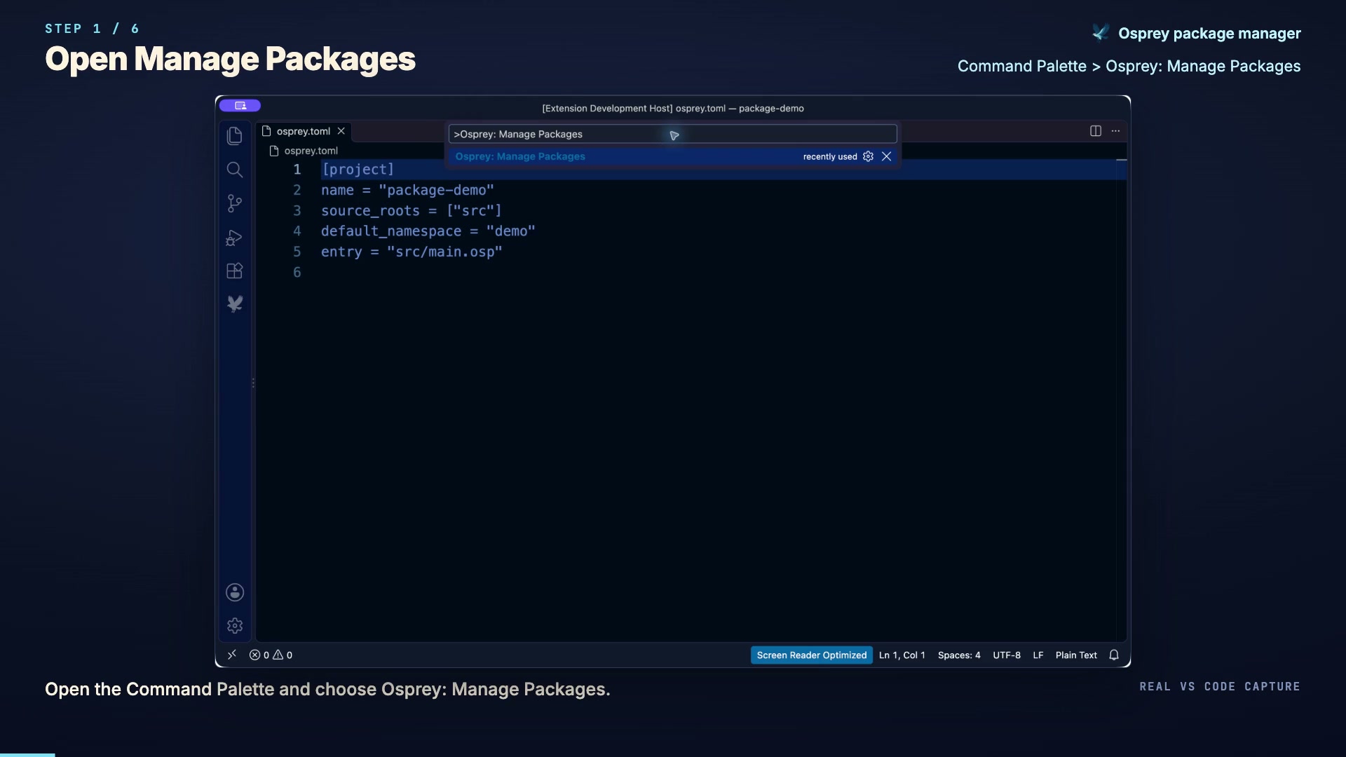 The VS Code Command Palette with Osprey: Manage Packages selected.
